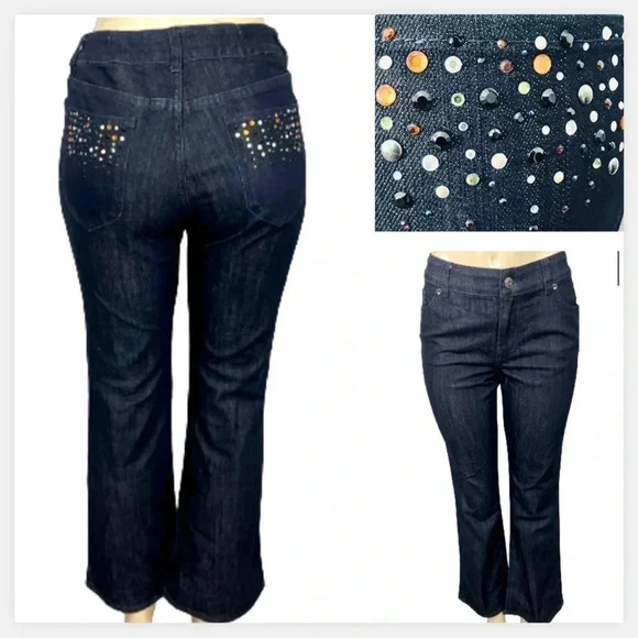 Chicos Blue Denim Jeans flair Cropped Platinum sequin jeweled Pockets - Picture 3 of 15